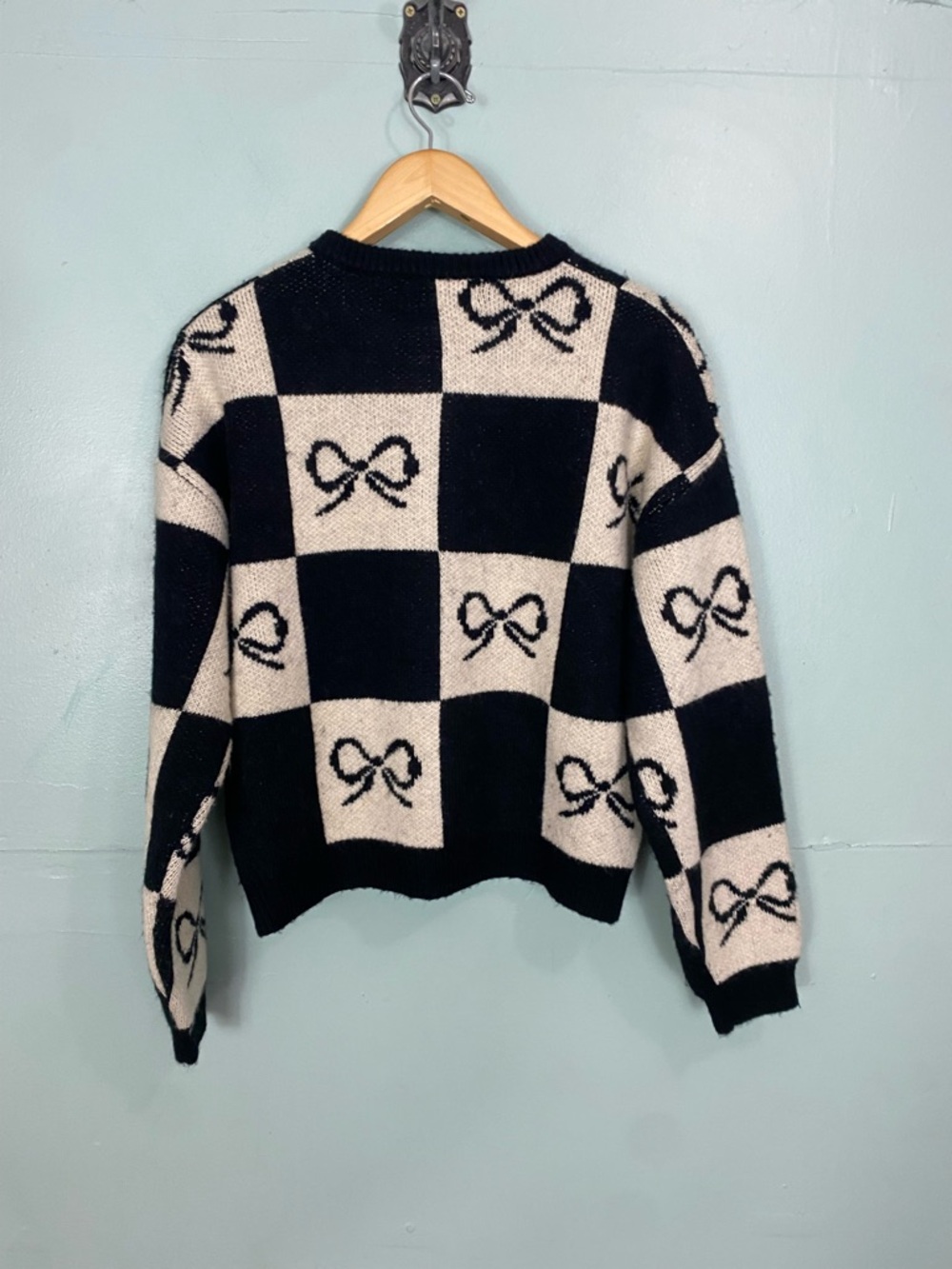 Lisa Says Gay Lauda Black‎ White Bow Check Plaid Cardigan Size Small & XS - Picture 6 of 12